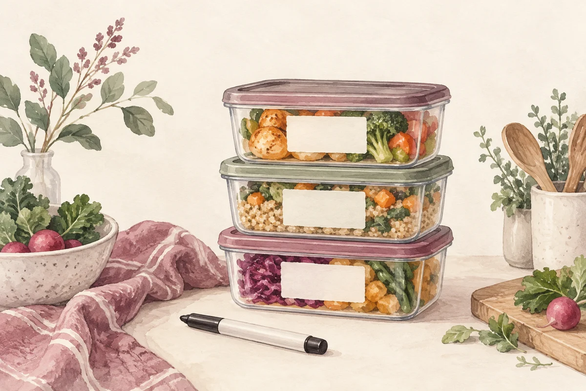 Ilustrasi label porsi freezer untuk meal prep dengan nuansa krem, plum, dan sage
