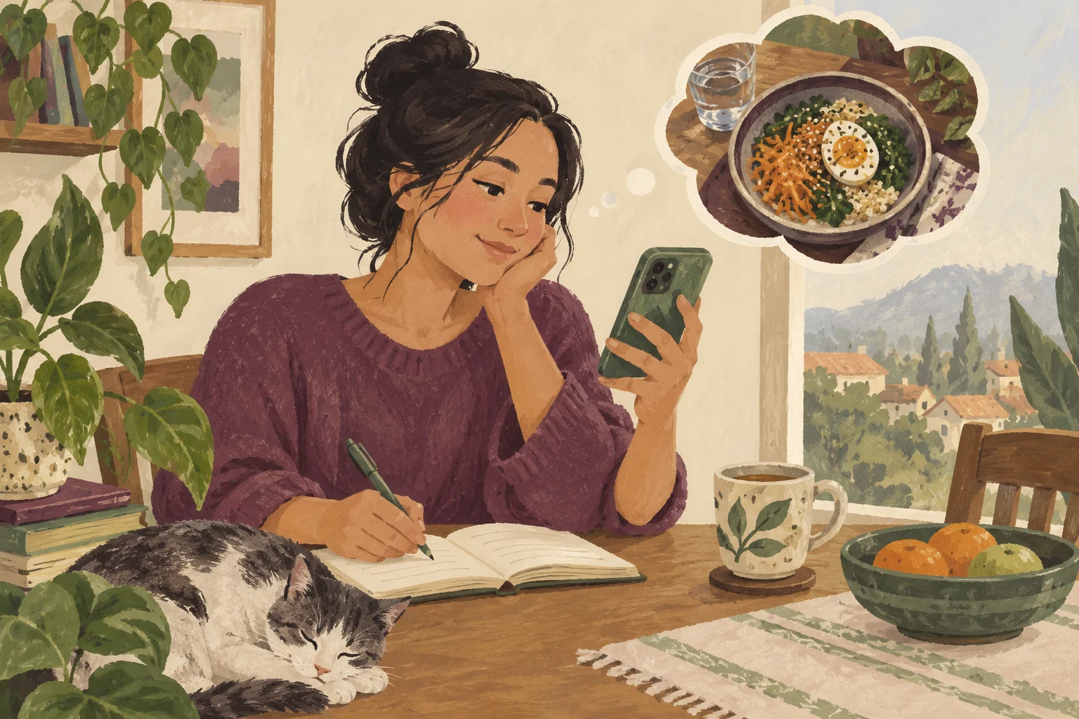Ilustrasi foto makan dan catatan bertanggal sehari sebelumnya