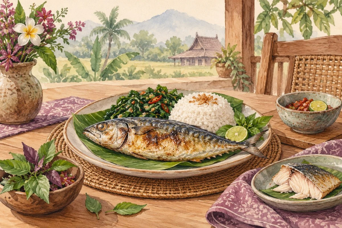 Ilustrasi ikan kembung matang dengan bagian daging yang dipisahkan