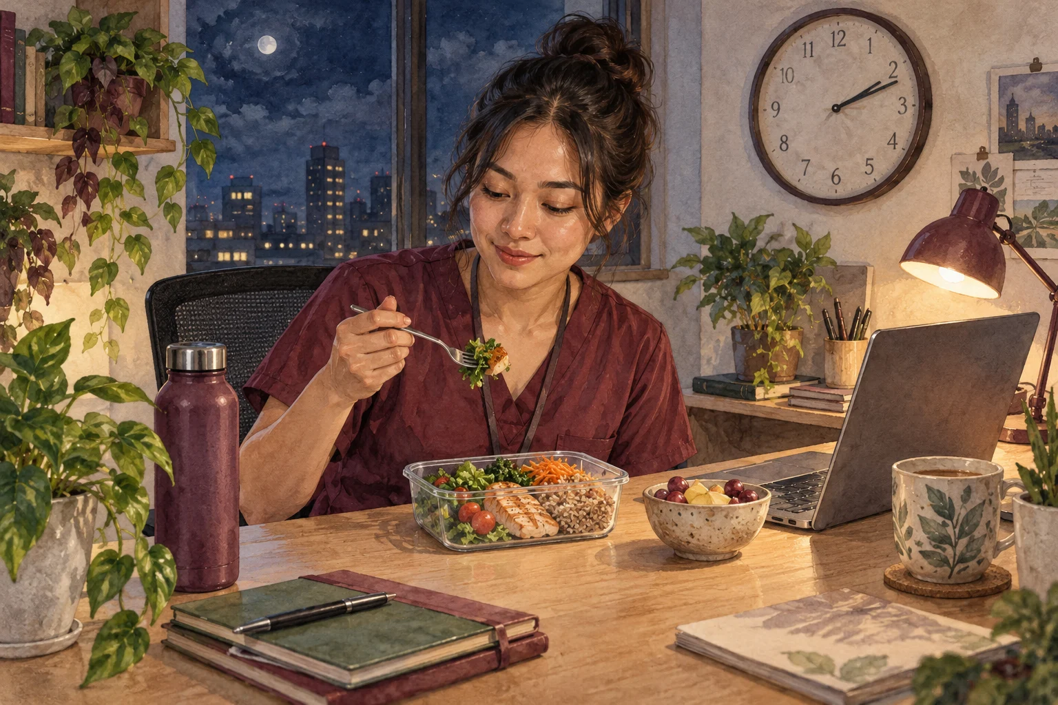 Ilustrasi watercolor: Pekerja dengan bekal, jam, dan catatan untuk jadwal shift