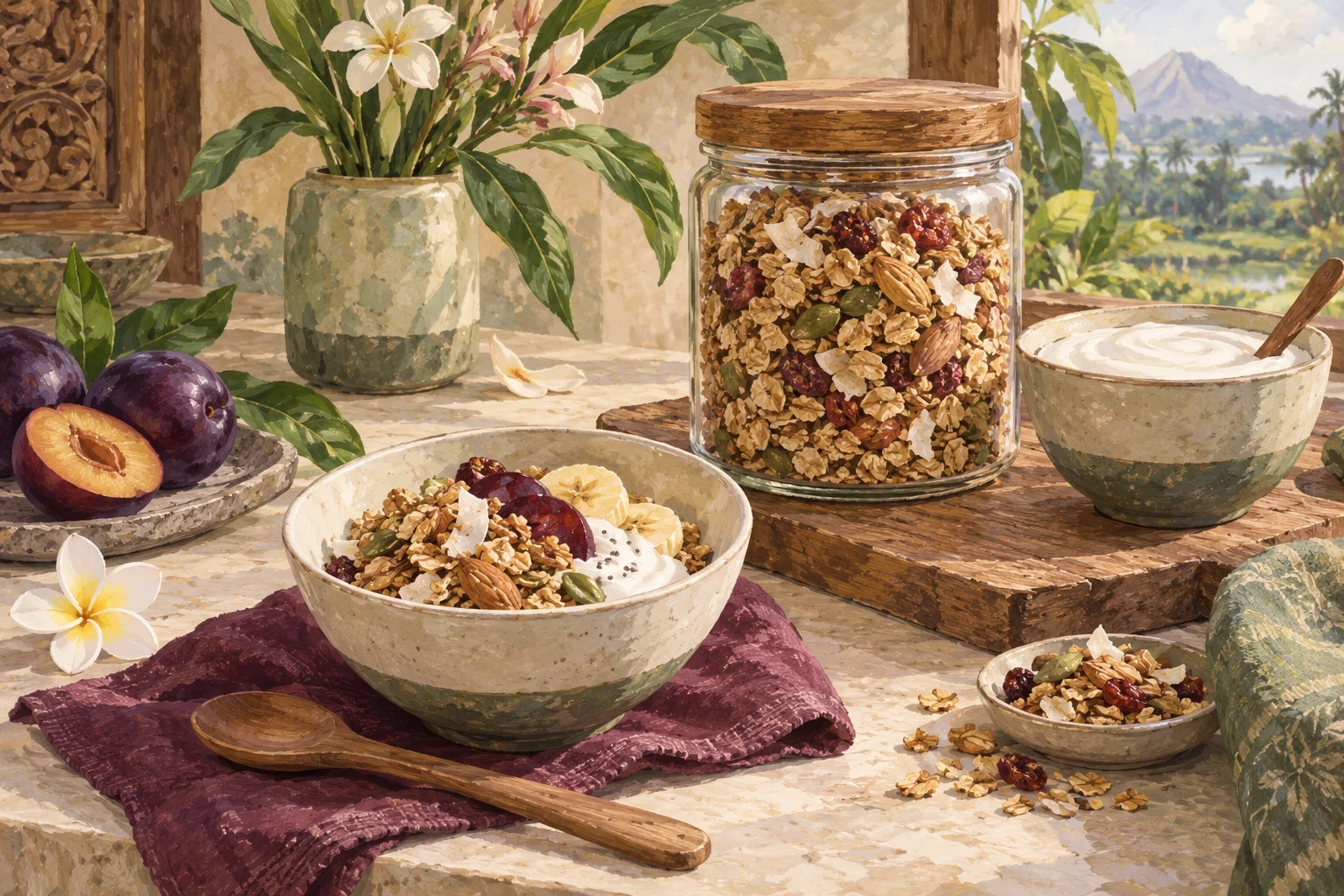 Ilustrasi granola dalam mangkuk kecil dengan sendok takar dan yoghurt