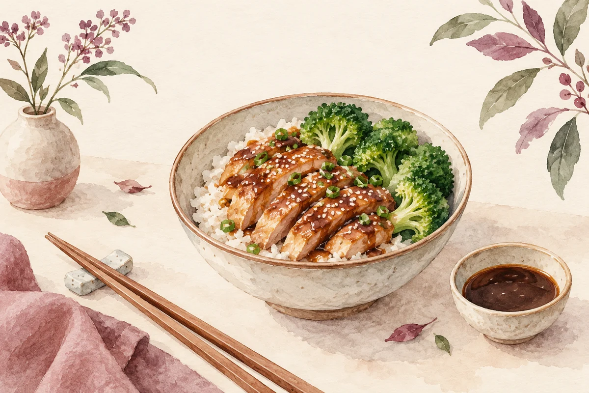 Ilustrasi rice bowl teriyaki dengan nuansa krem, plum, dan sage
