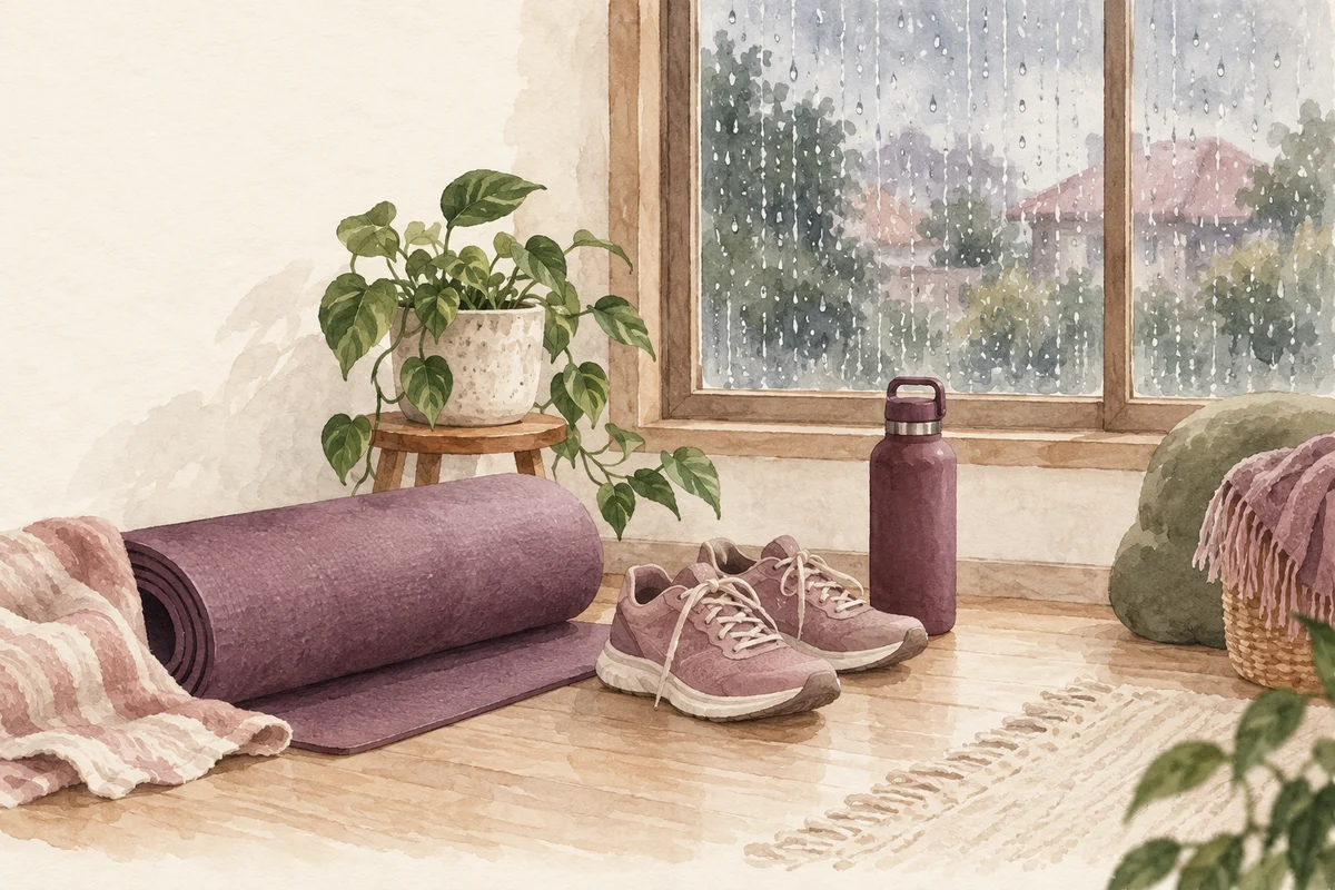 Ilustrasi hujan saat jadwal olahraga? siapkan versi dalam rumah dengan nuansa krem, plum, dan sage
