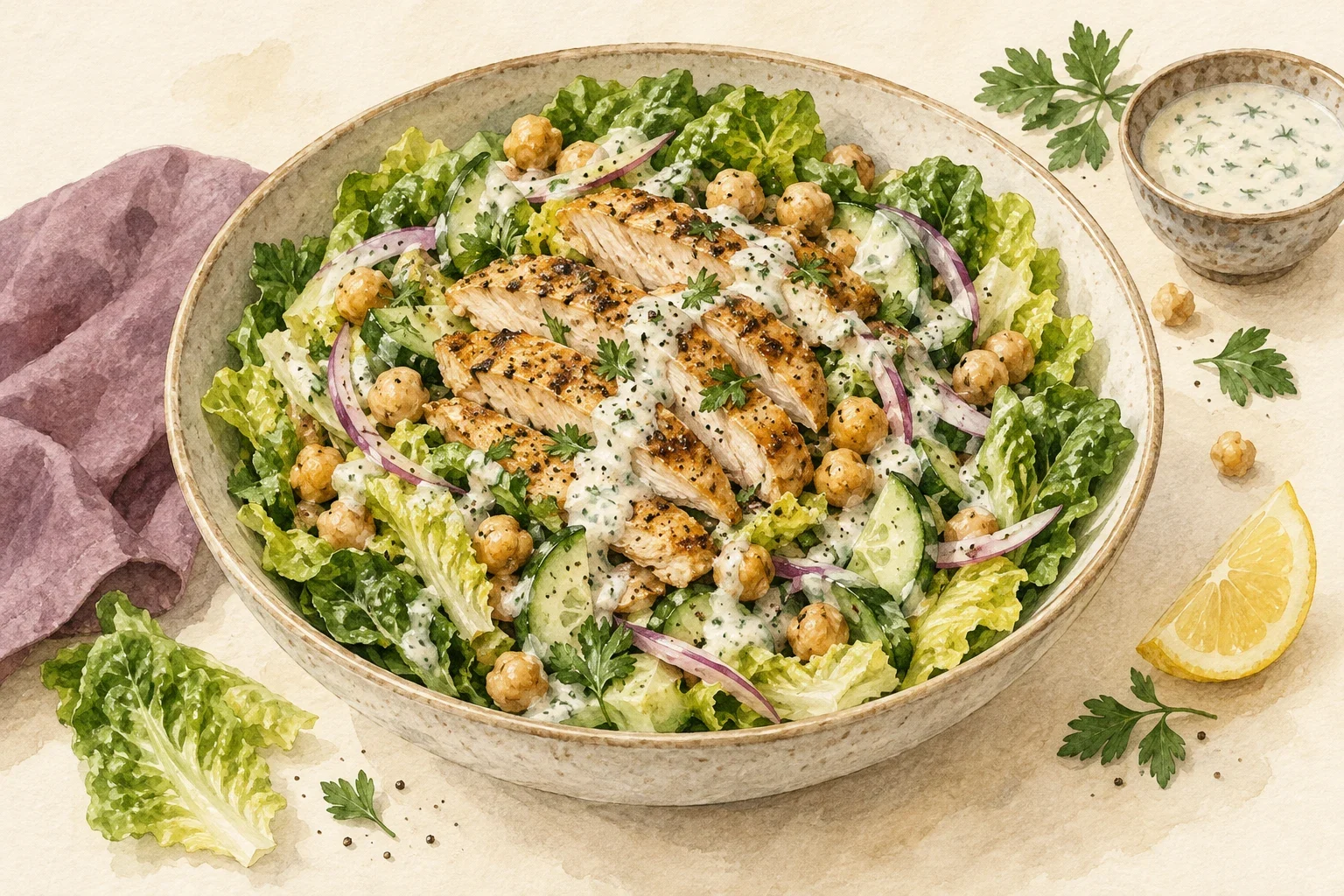 Ilustrasi watercolor salad ayam chickpea dengan saus yoghurt