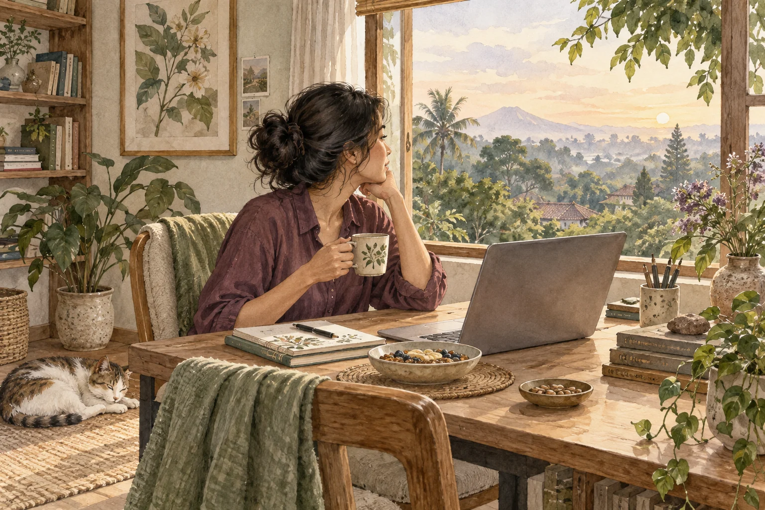 Ilustrasi watercolor seseorang menjeda pekerjaan laptop dan memandang jauh ke luar jendela.