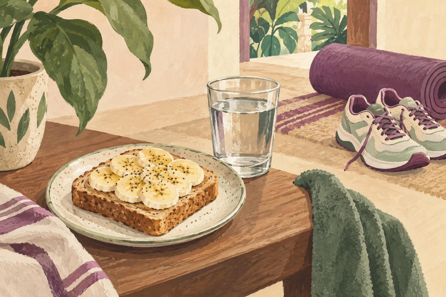 Ilustrasi piring makan, jam sederhana, dan sepatu olahraga