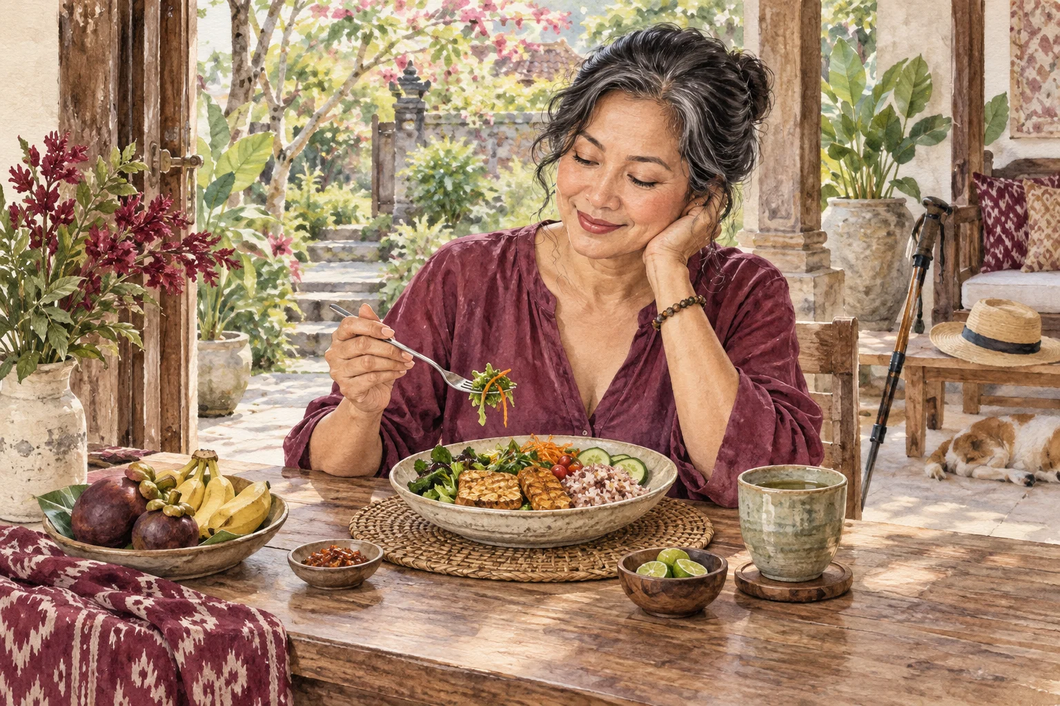 Ilustrasi watercolor: Perempuan paruh baya dengan makanan dan perlengkapan aktivitas