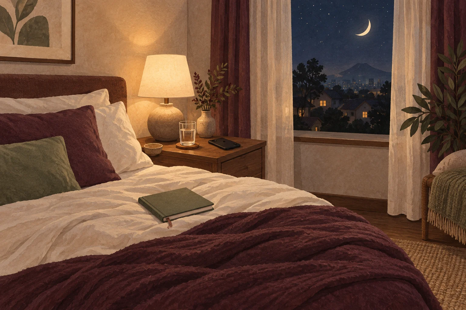 Ilustrasi kamar tidur tenang dengan lampu hangat, buku tertutup, dan ponsel menghadap ke bawah