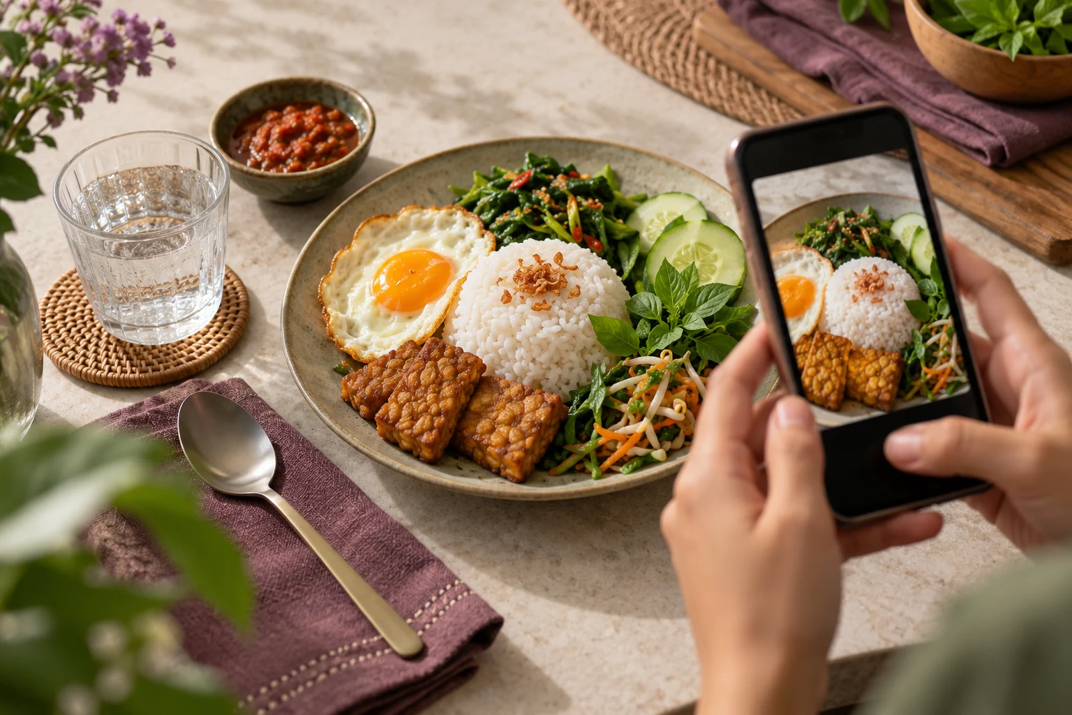 Ilustrasi memotret porsi nasi, telur, tempe, dan sayur tanpa timbangan