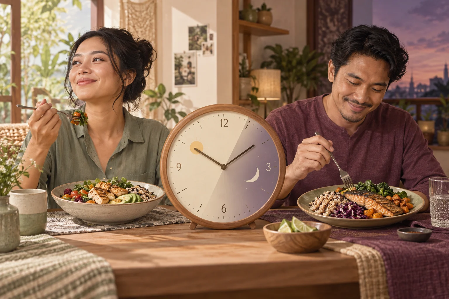 Ilustrasi jam dan dua susunan makan seimbang
