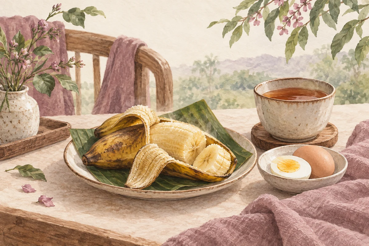 Ilustrasi pisang kukus di piring kecil dengan telur dan teh tanpa pemanis.