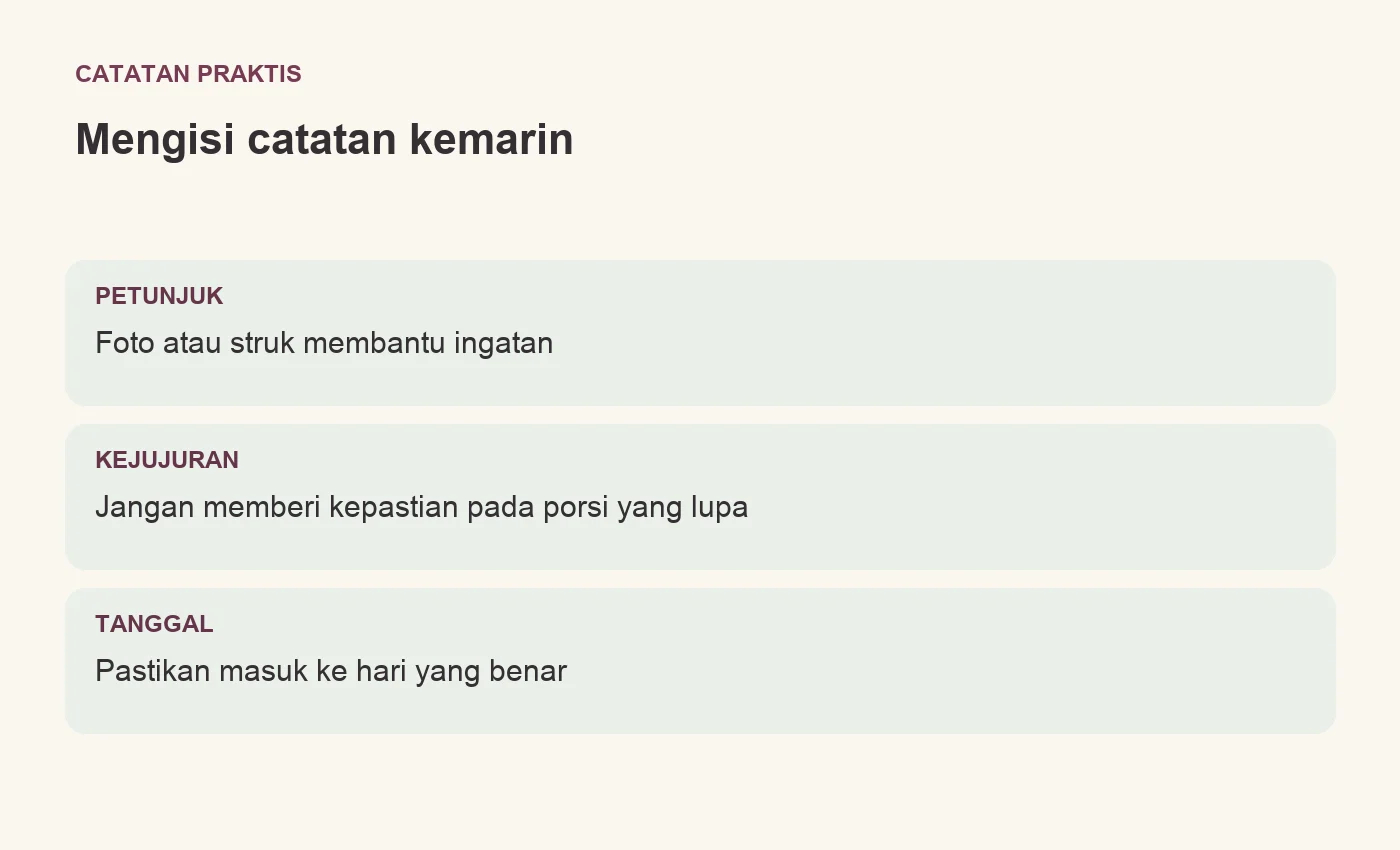 Mengisi catatan kemarin: gunakan petunjuk, akui porsi yang tidak diketahui, dan pilih tanggal yang benar.