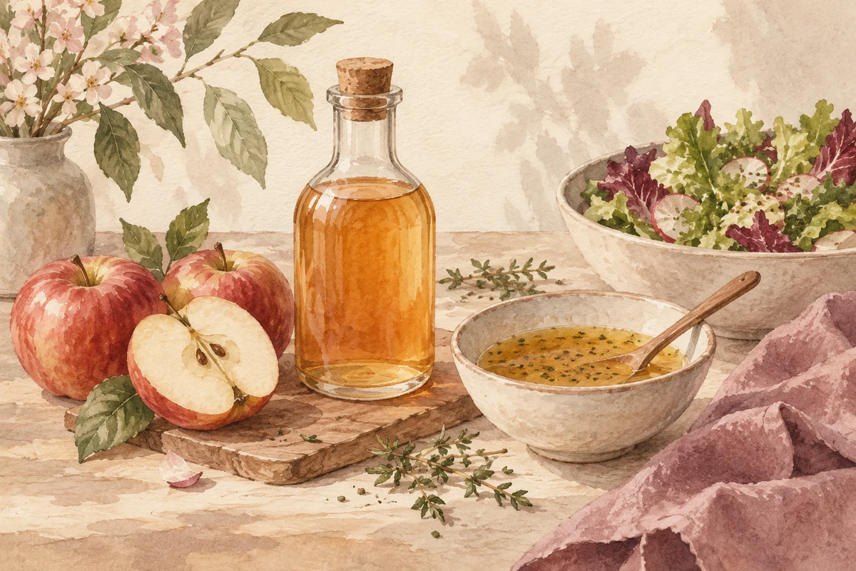 Ilustrasi botol kecil cuka apel dengan buah apel dan mangkuk saus salad.