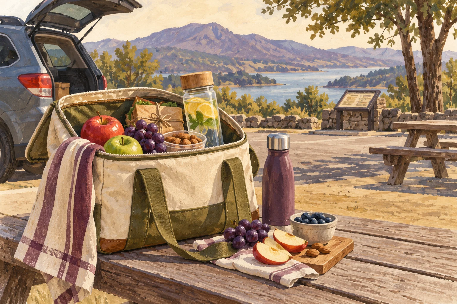 Ilustrasi tas bekal perjalanan berisi buah air dan makanan di rest area