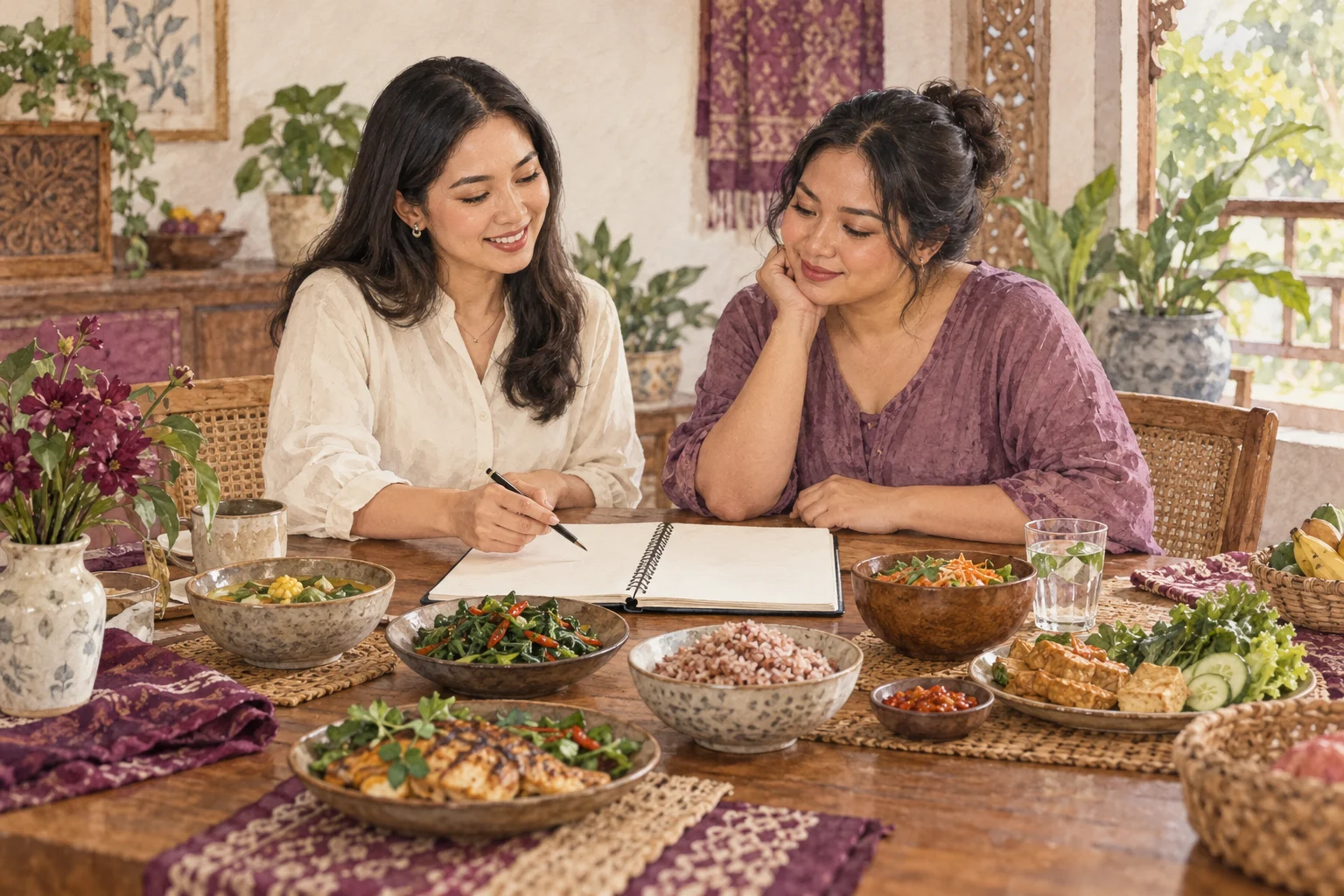 Ilustrasi watercolor: Percakapan tentang pola makan dengan buku catatan dan hidangan
