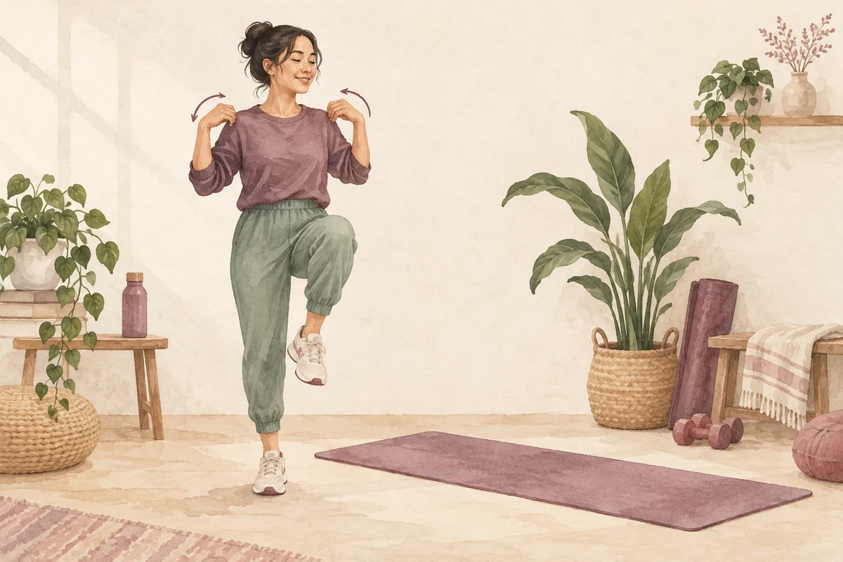 Ilustrasi pemanasan sebelum olahraga dengan nuansa krem, plum, dan sage