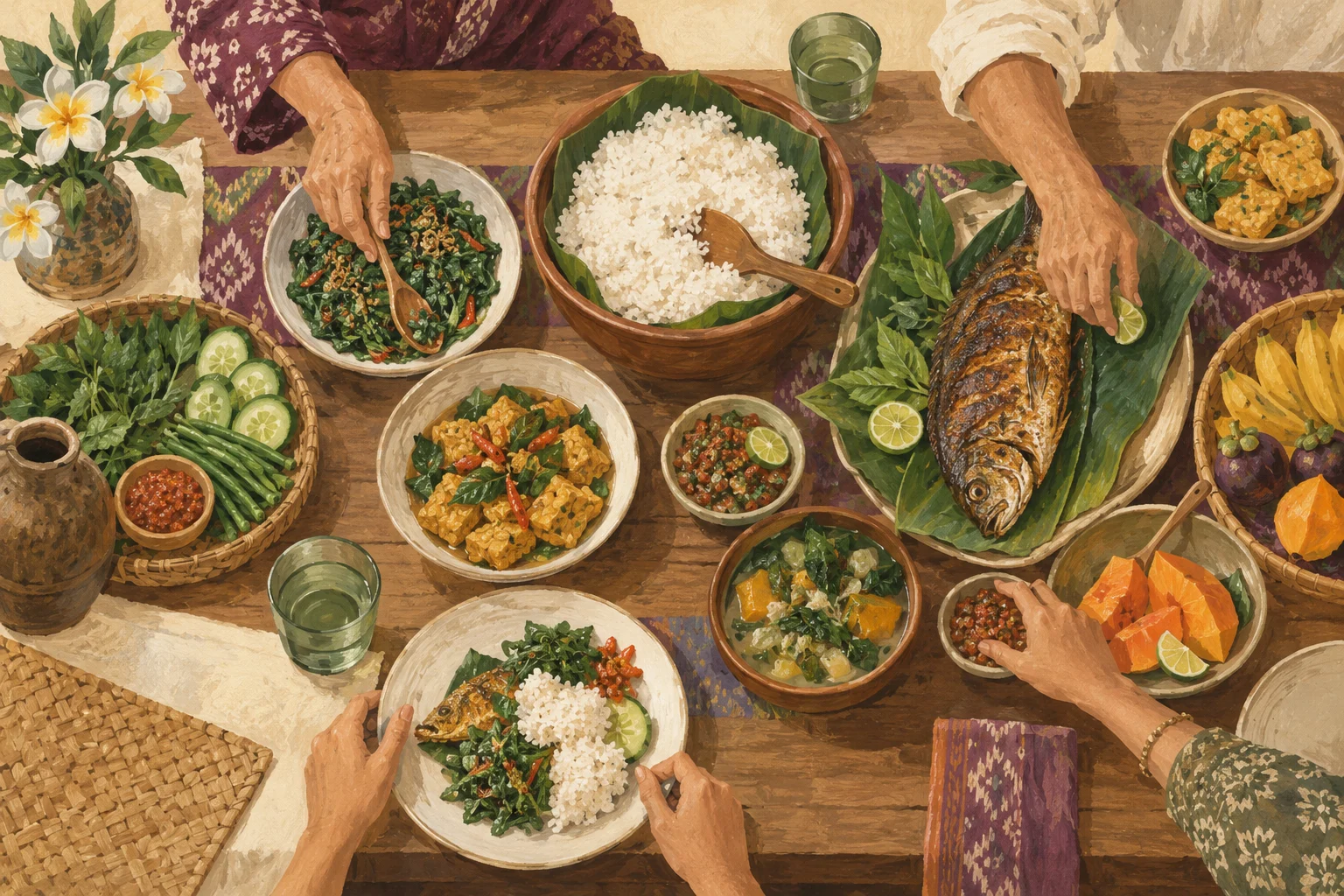Ilustrasi meja makan beragam dengan porsi rumahan dan suasana santai