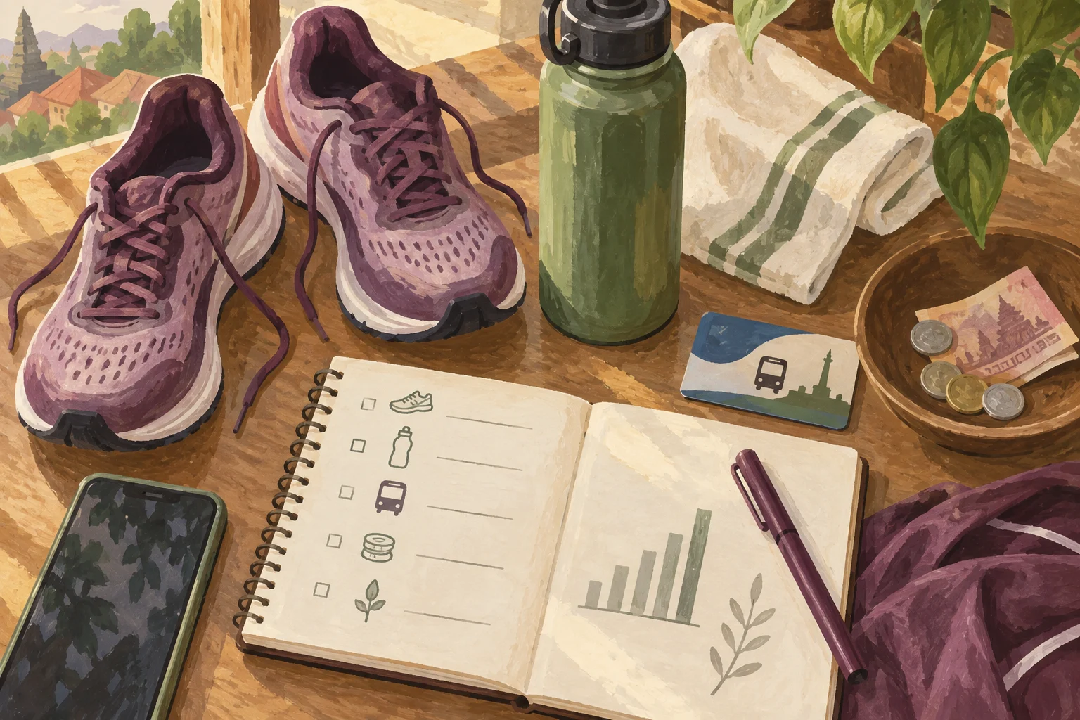 Ilustrasi sepatu lari, botol minum, dan catatan belanja sederhana