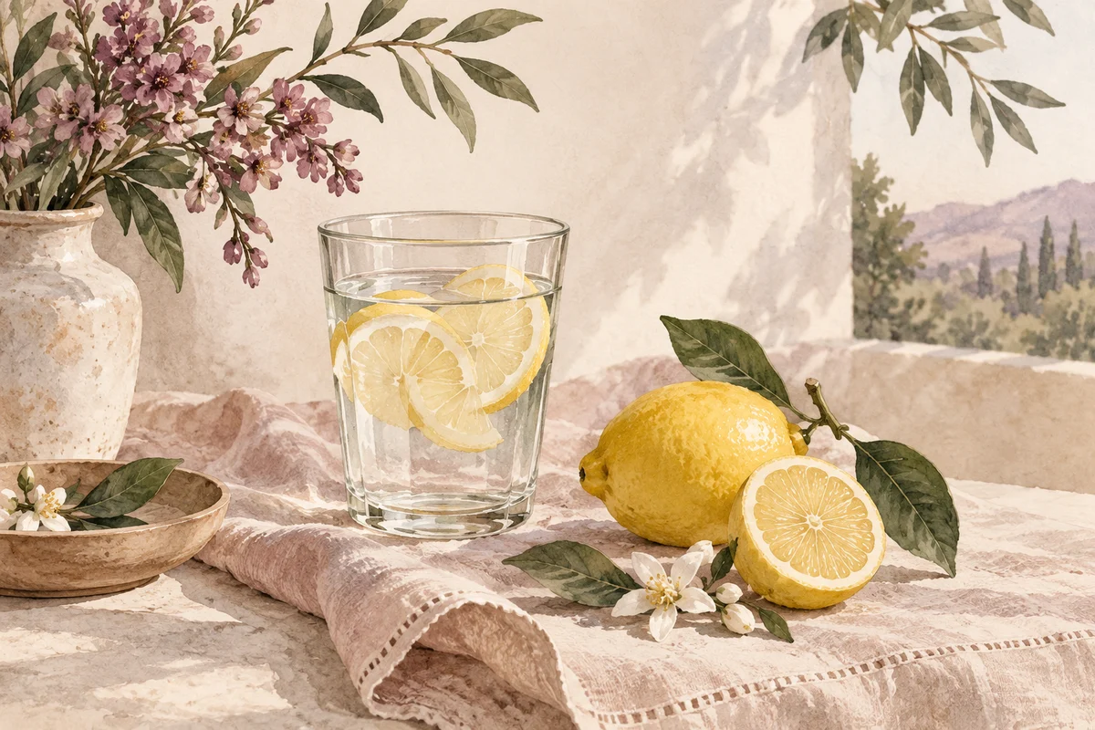 Ilustrasi gelas air beririsan lemon di atas kain linen dengan buah lemon utuh.