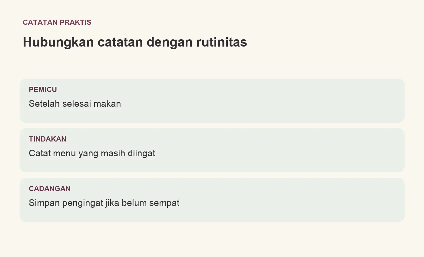 Hubungkan catatan dengan rutinitas. PEMICU: Setelah selesai makan. TINDAKAN: Catat menu yang masih diingat. CADANGAN: Simpan pengingat jika belum sempat