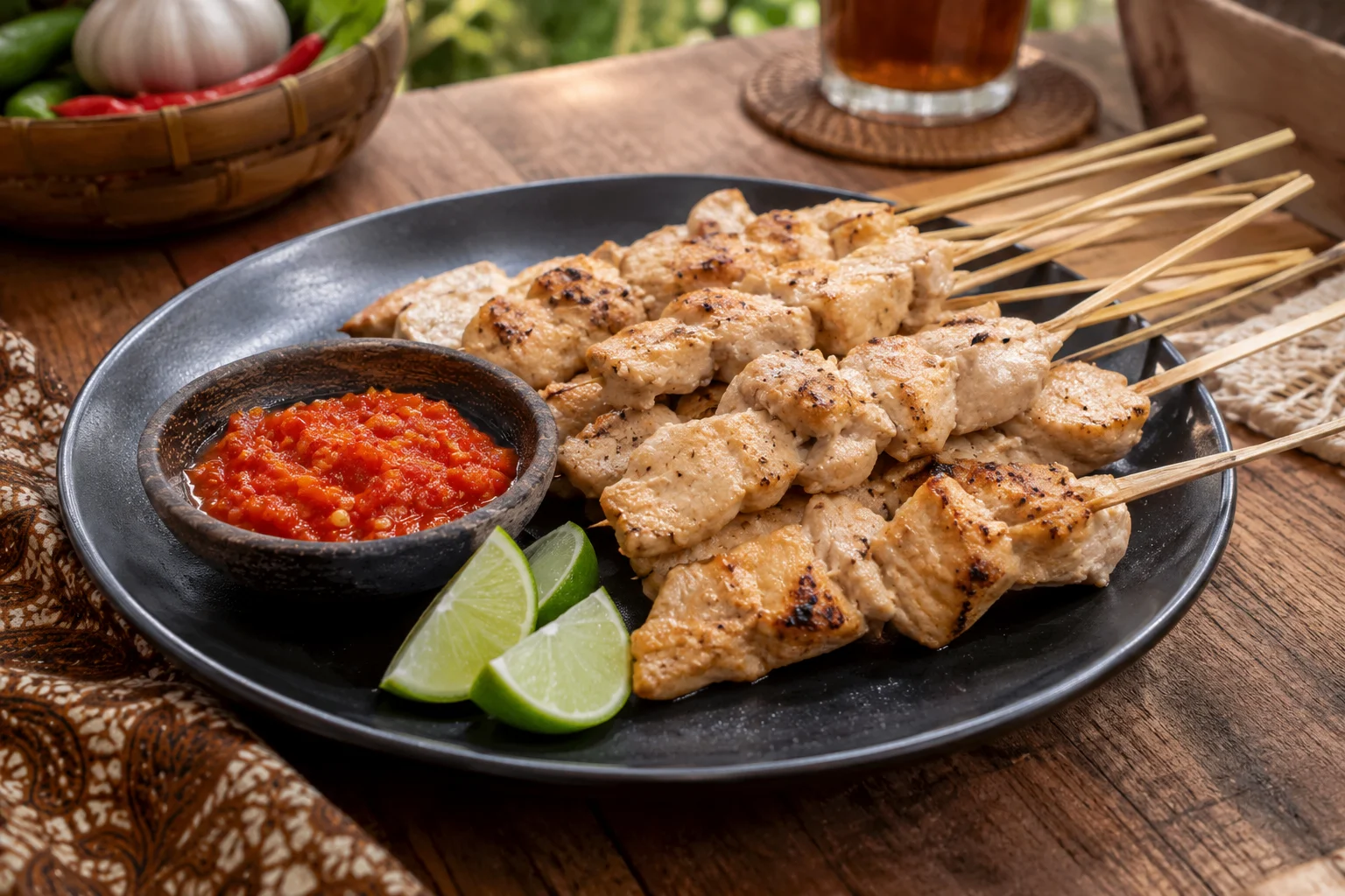 Sate taichan daging dengan sambal merah dan jeruk limau