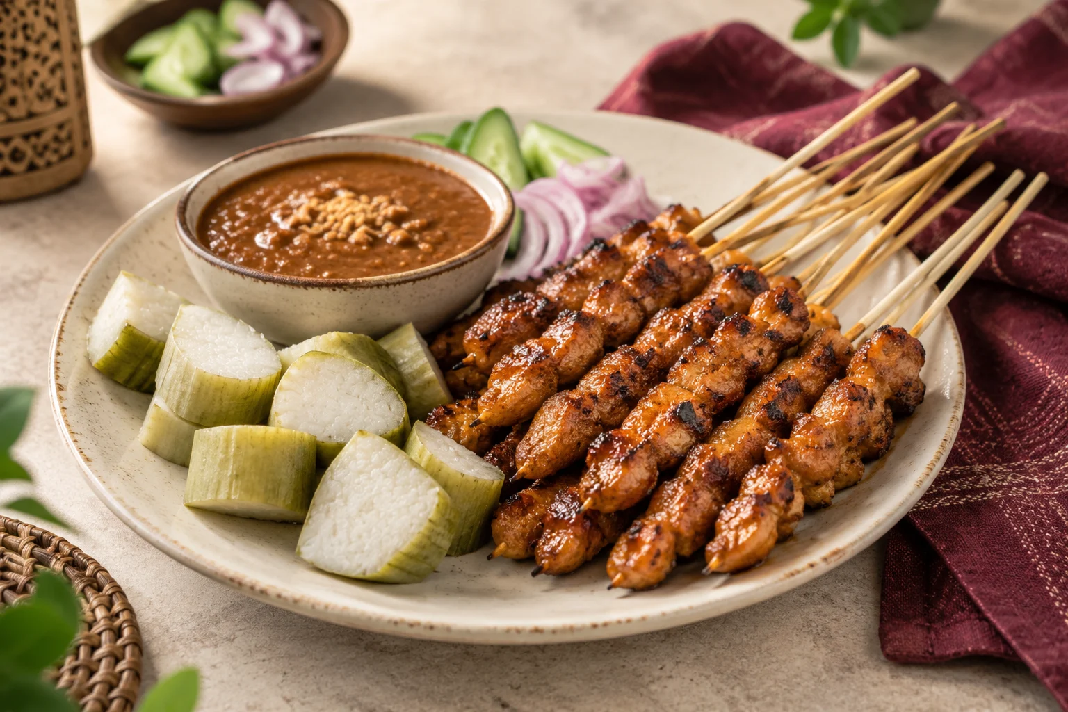 Sate ayam dengan bumbu kacang terpisah dan potongan lontong
