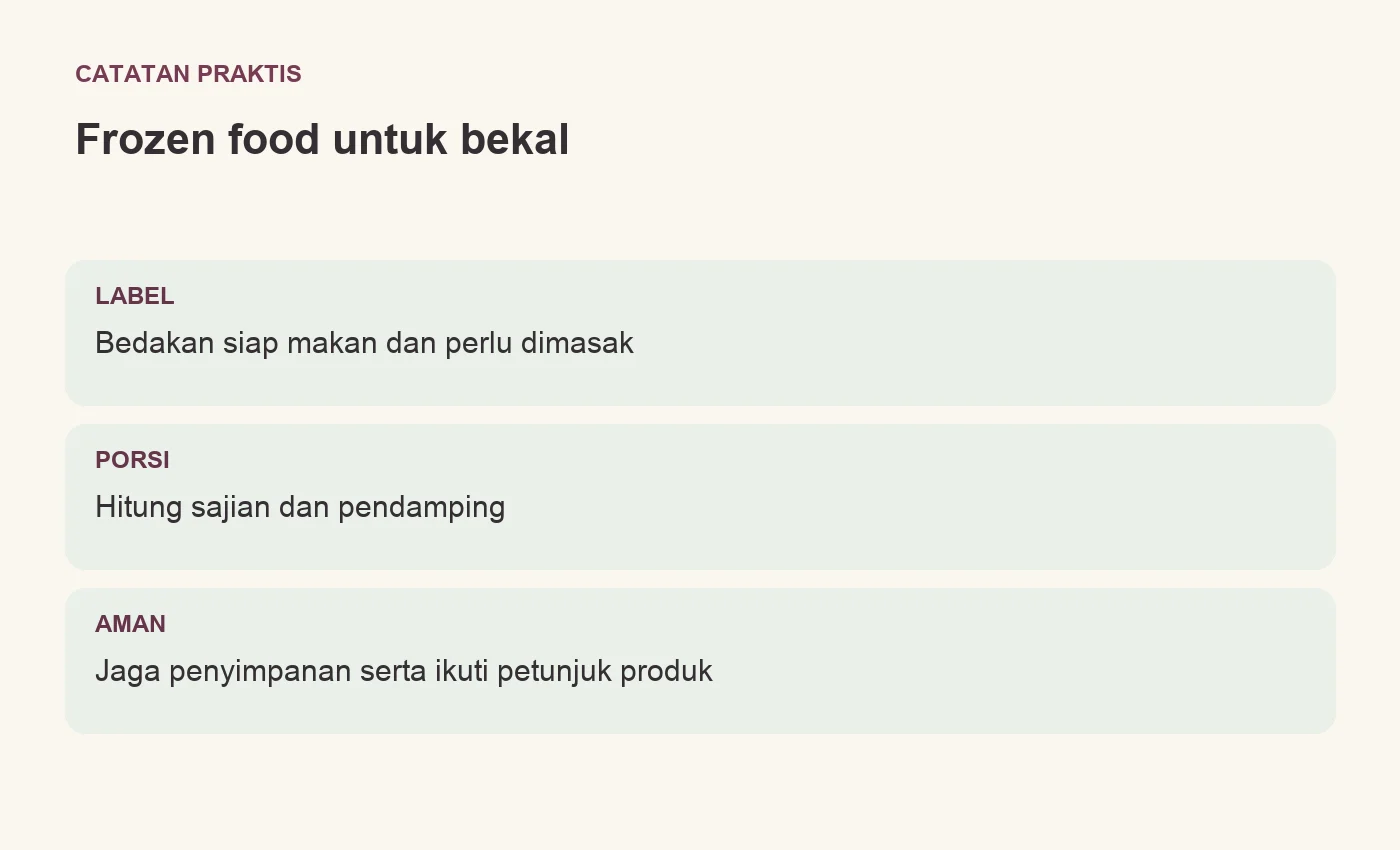 Frozen food untuk bekal. LABEL: Bedakan siap makan dan perlu dimasak. PORSI: Hitung sajian dan pendamping. AMAN: Jaga penyimpanan serta ikuti petunjuk produk