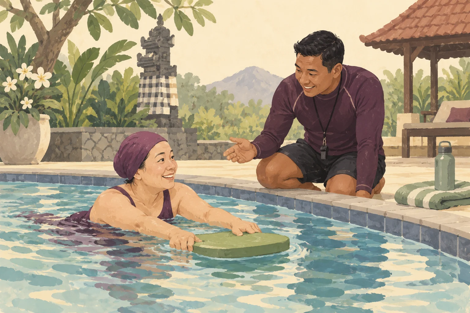 Ilustrasi orang dewasa belajar renang dengan instruktur di kolam