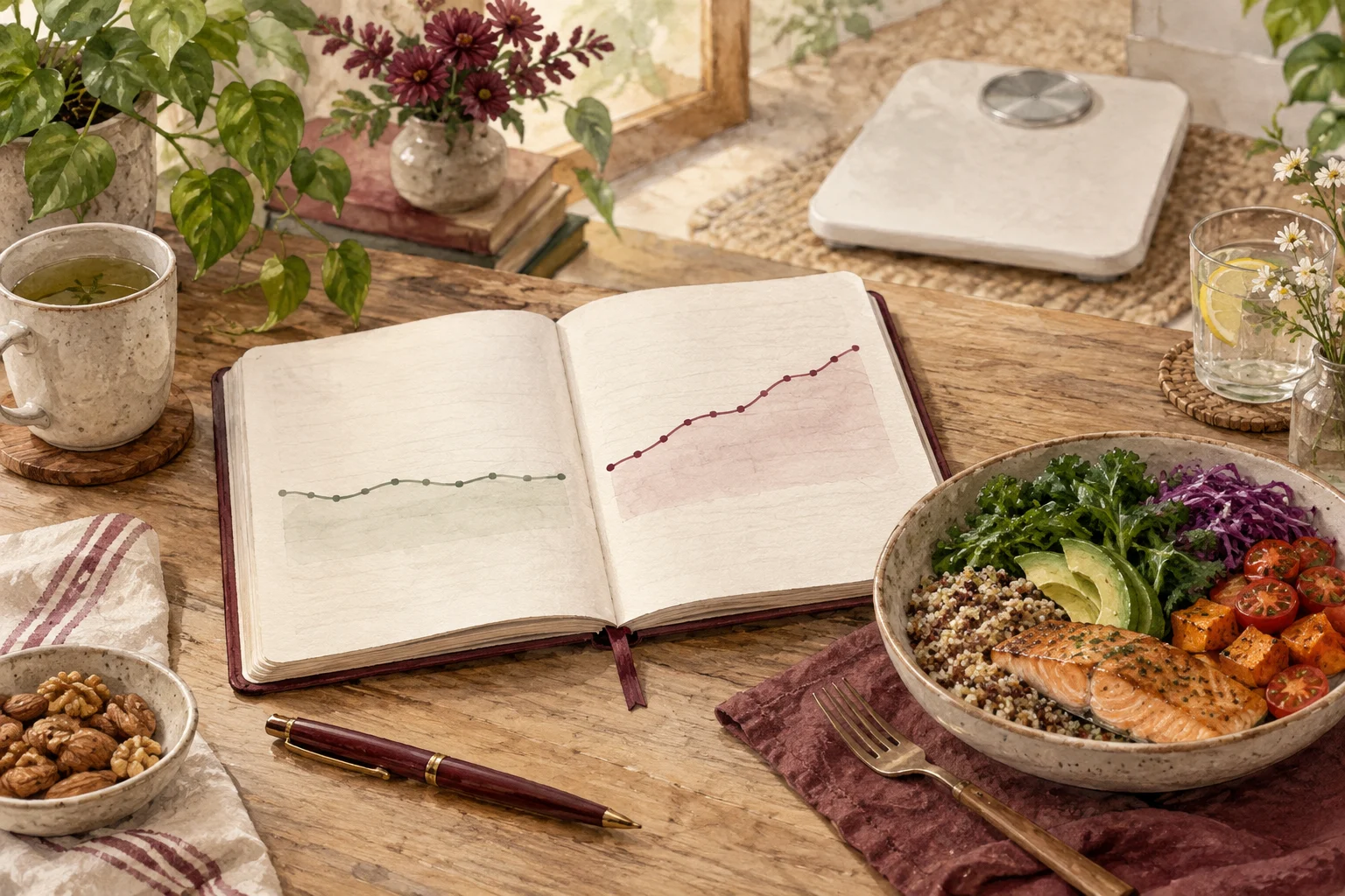 Ilustrasi watercolor: Buku catatan tren berat, timbangan, dan hidangan untuk evaluasi diet
