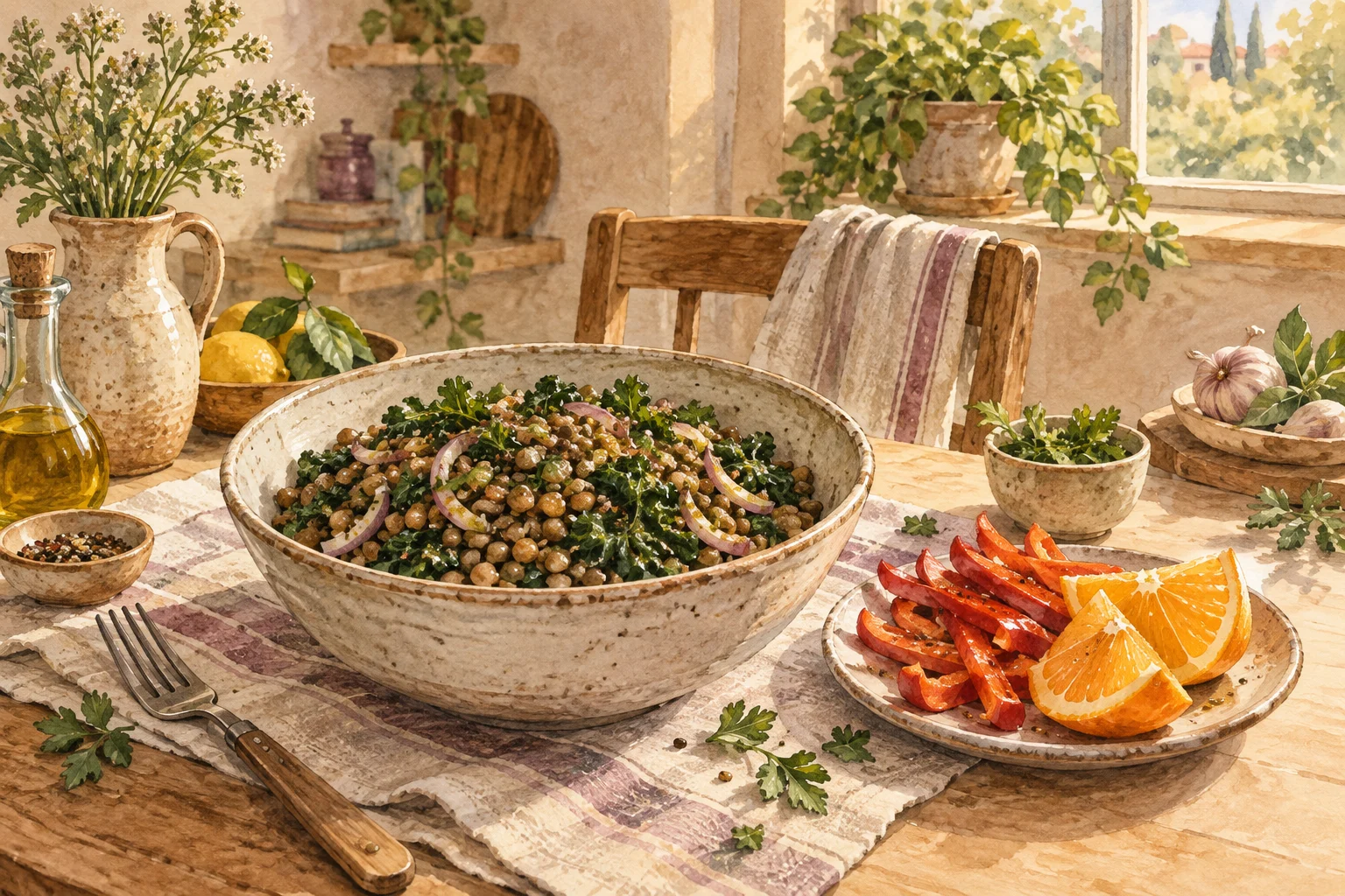 Ilustrasi kacang lentil dan sayuran dengan paprika serta jeruk sebagai sumber vitamin C.