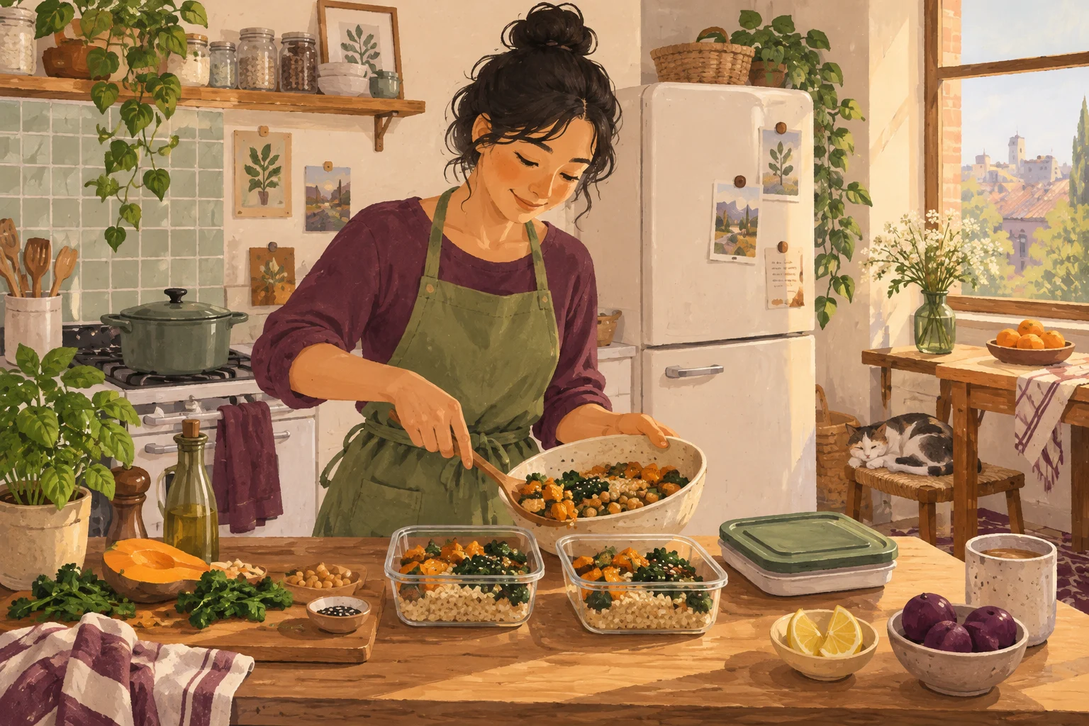 Ilustrasi seseorang menyiapkan beberapa kotak makan di dapur kecil