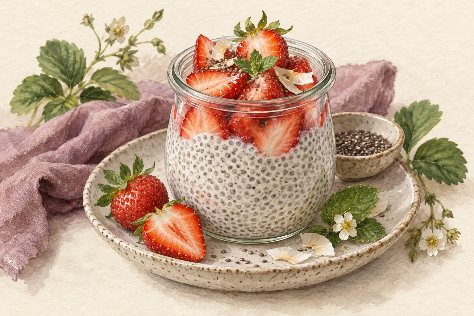 Ilustrasi watercolor chia pudding stroberi: takaran dan cara agar tidak gumpal