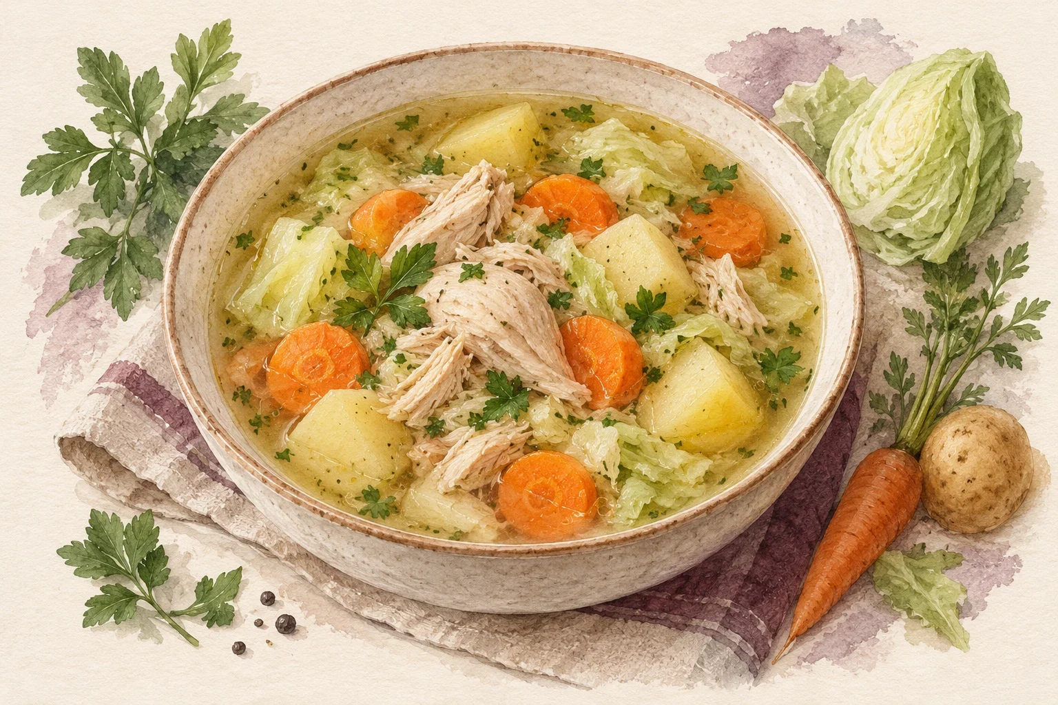 Ilustrasi watercolor sup ayam sayur bening dengan kentang