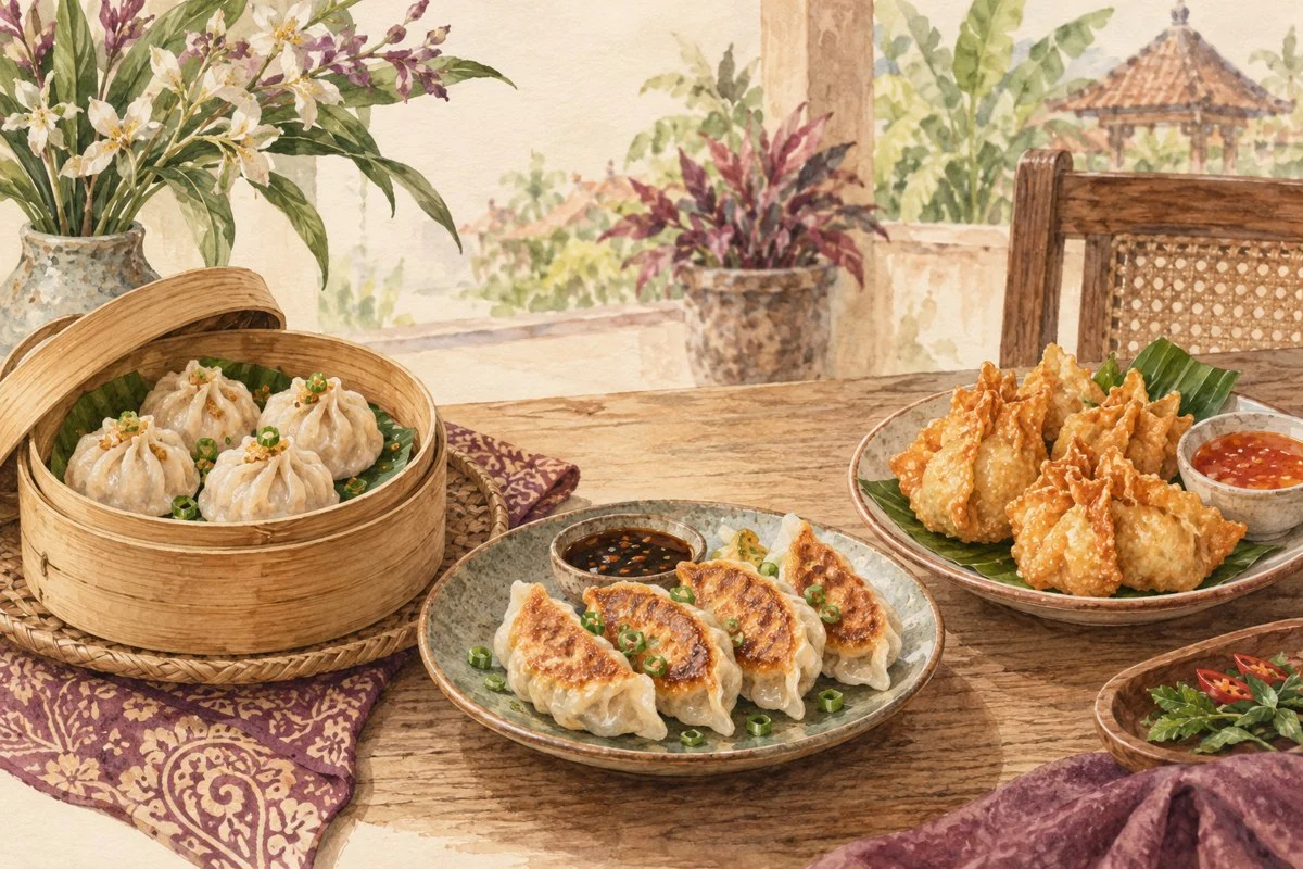 Ilustrasi gyoza kukus, panggang, dan goreng di tiga piring
