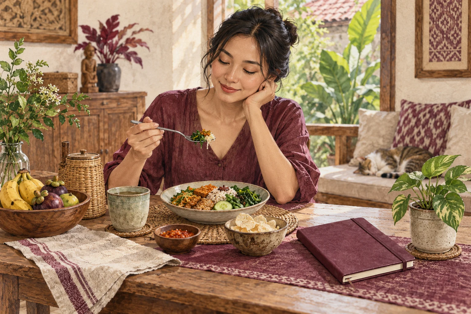 Ilustrasi watercolor: Hidangan sehari-hari dengan catatan dan suasana tenang setelah diet