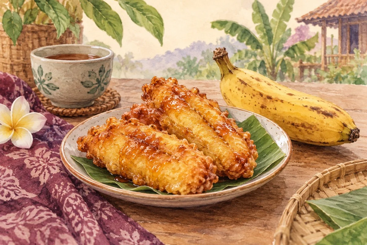 Ilustrasi pisang goreng madu dengan lapisan tepung keemasan
