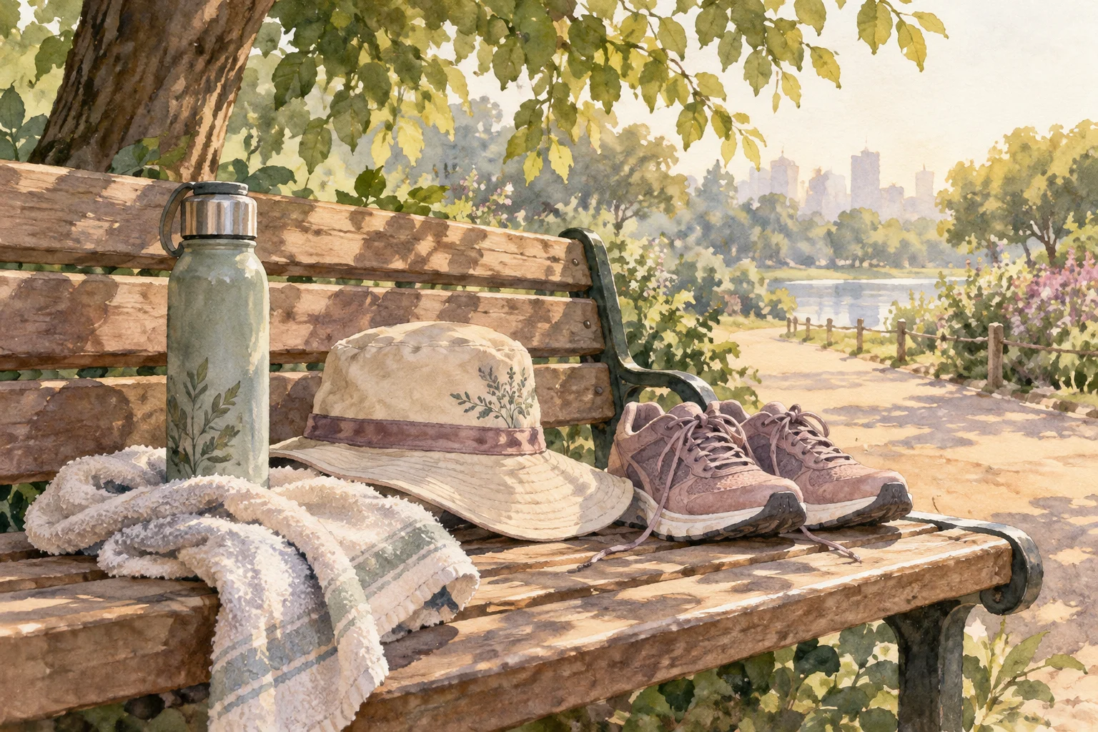 Ilustrasi botol air, topi, sepatu, dan tempat teduh untuk jeda olahraga.