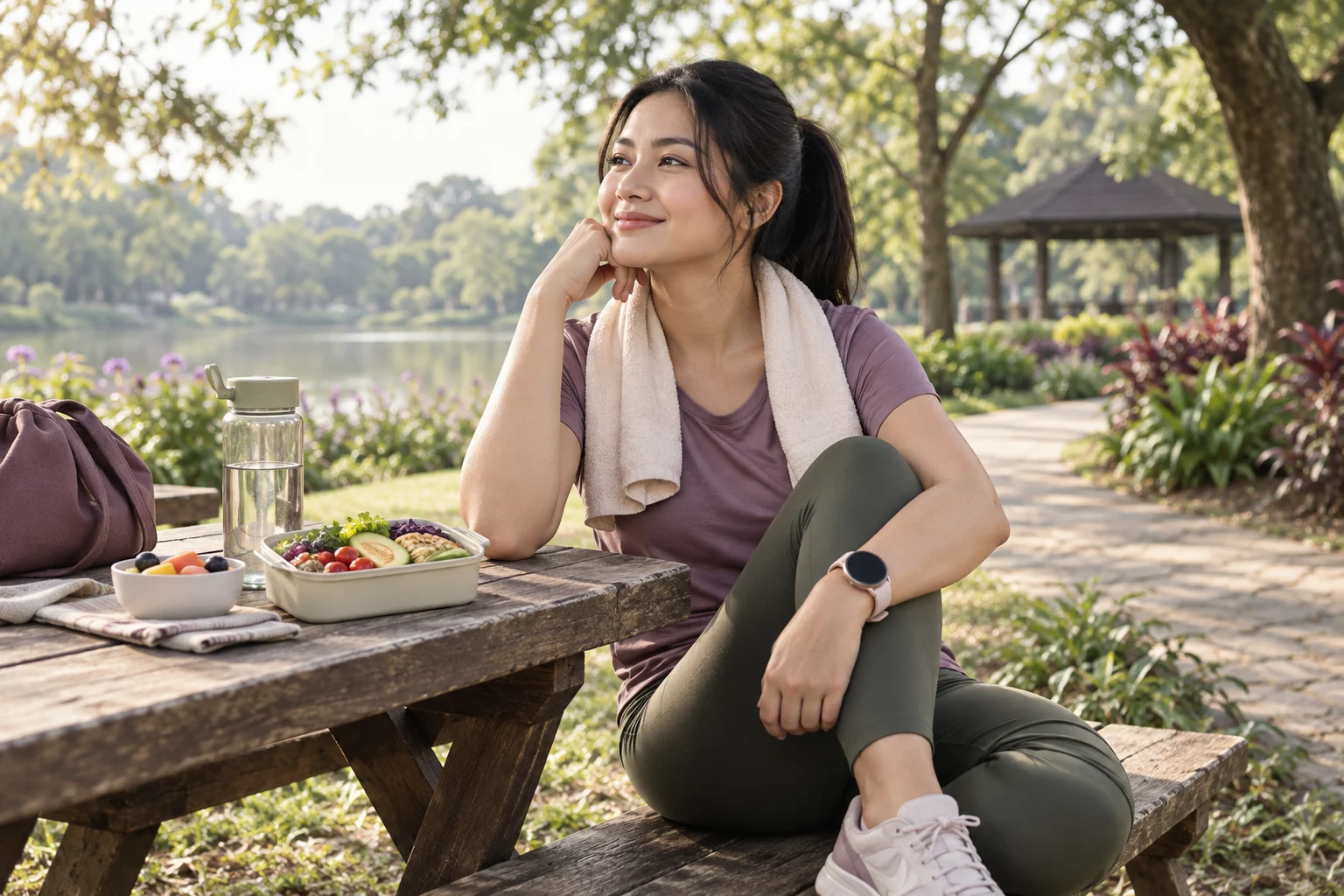 Ilustrasi perempuan beristirahat setelah berjalan dengan bekal dan air minum