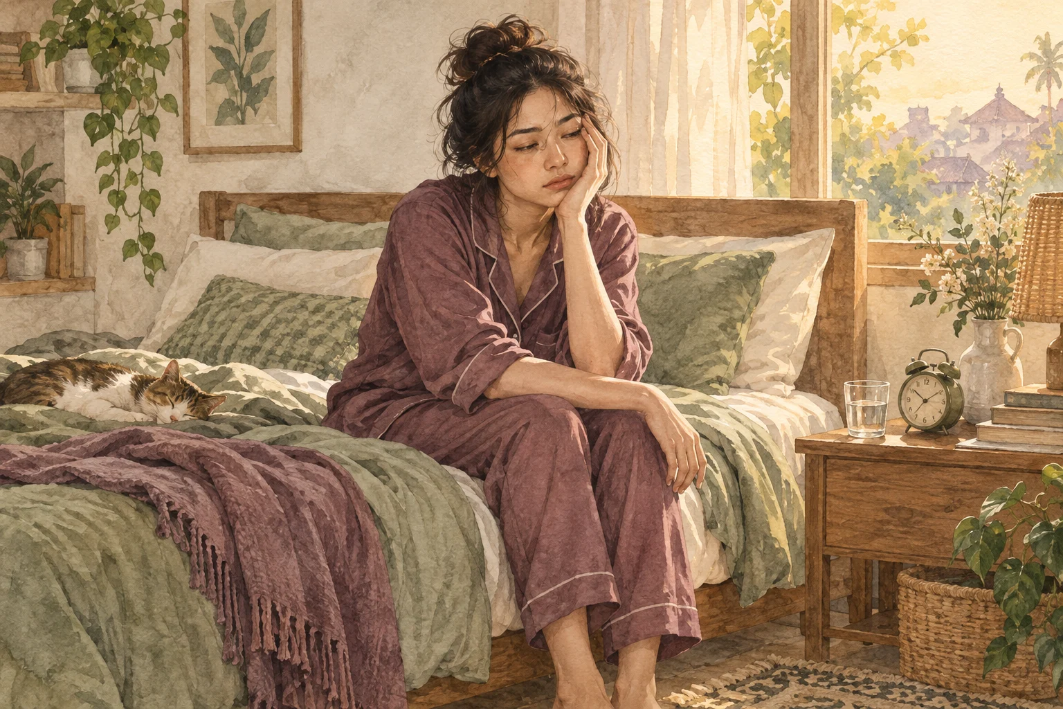 Ilustrasi watercolor seseorang yang masih merasa lelah saat bangun tidur pada pagi hari.