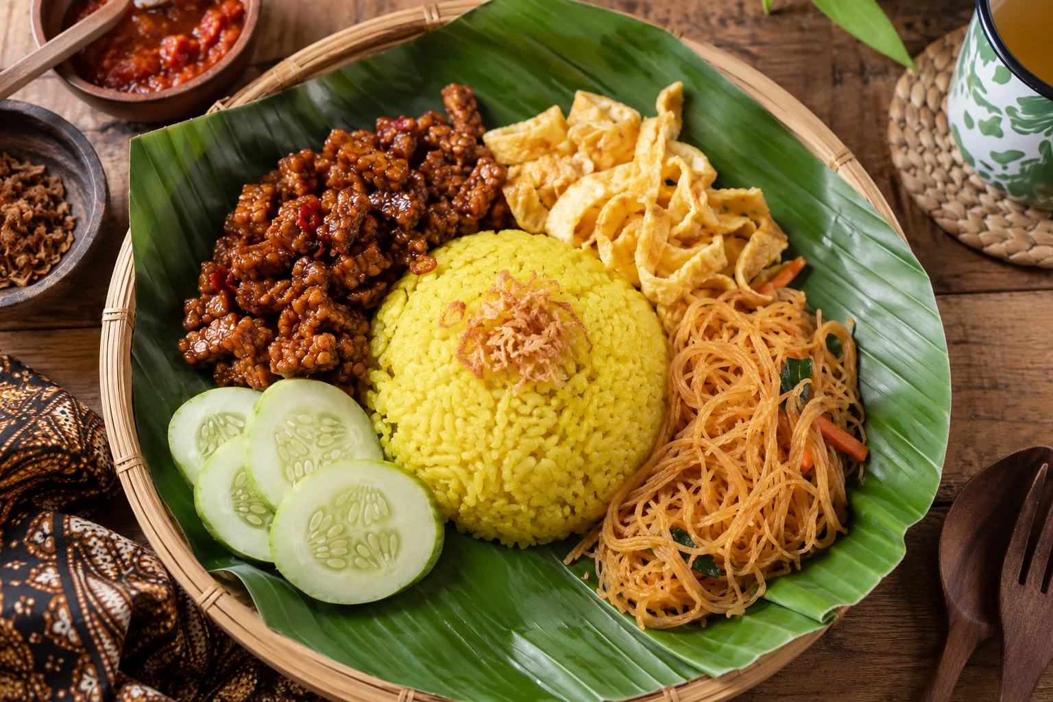Nasi kuning lengkap dengan telur suwir, orek, bihun, dan mentimun