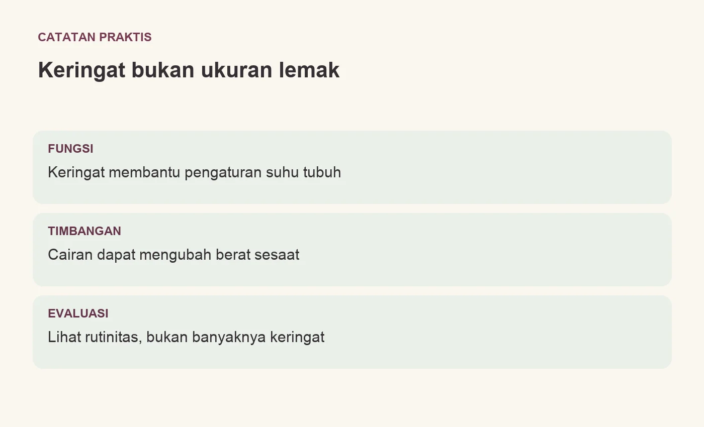 Keringat bukan ukuran lemak. FUNGSI: Keringat membantu pengaturan suhu tubuh. TIMBANGAN: Cairan dapat mengubah berat sesaat. EVALUASI: Lihat rutinitas, bukan banyaknya keringat