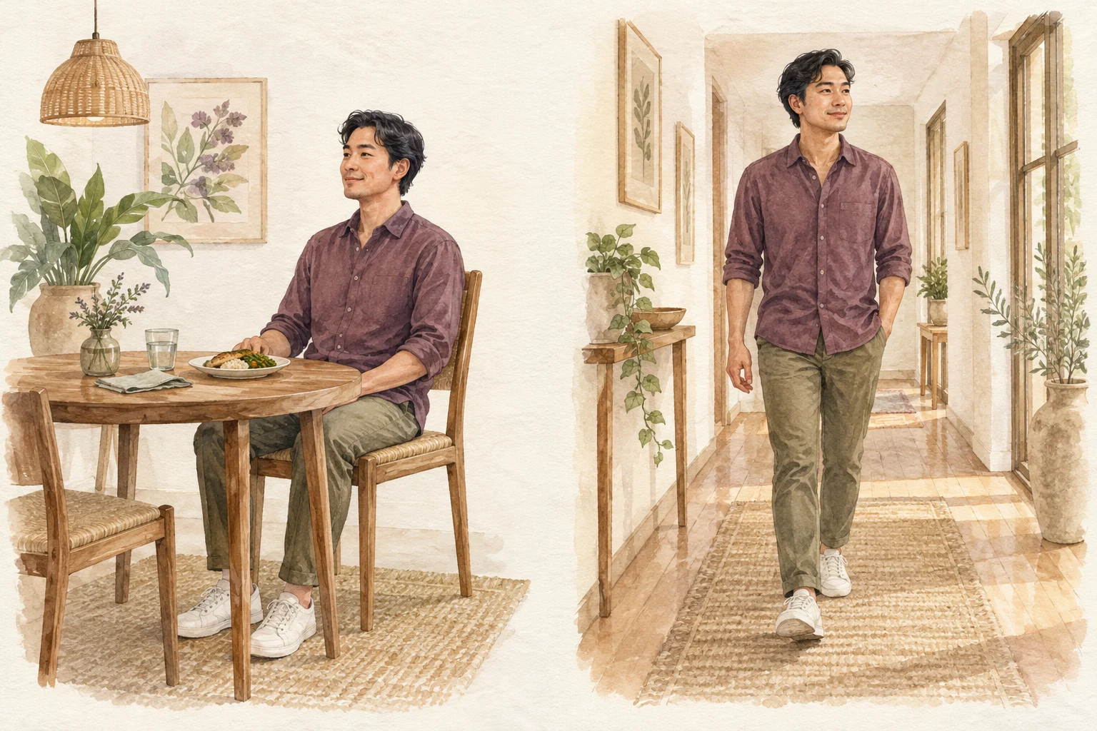 Ilustrasi duduk tegak dan berjalan pelan setelah makan, tanpa langsung berbaring.