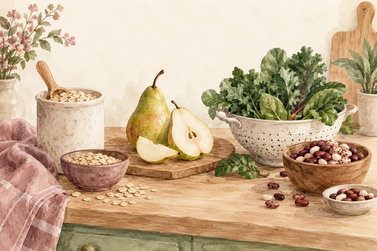 Ilustrasi cara menambah serat harian tanpa mengubah semua menu sekaligus dengan nuansa krem, plum, dan sage