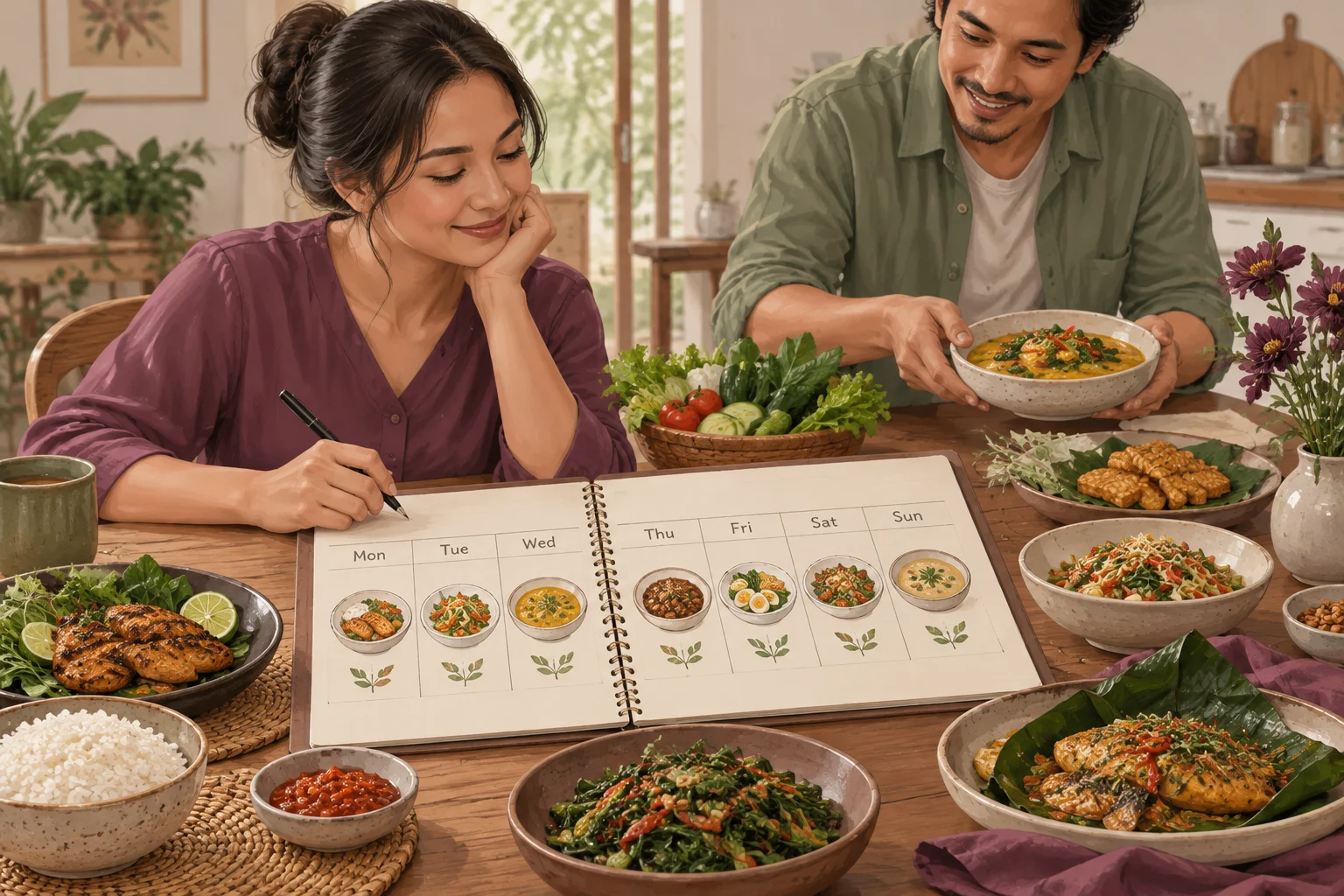 Ilustrasi rencana makan tujuh hari dengan menu Indonesia