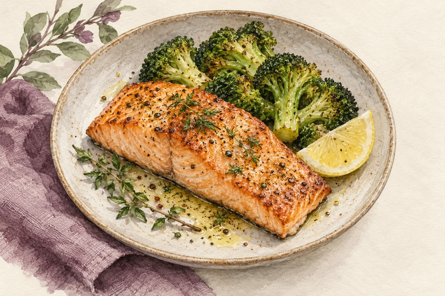 Ilustrasi watercolor salmon panggang lemon untuk diet, porsinya tetap penting