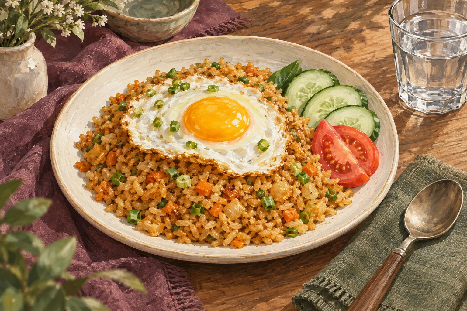 Ilustrasi nasi goreng telur dengan irisan timun dan tomat di piring