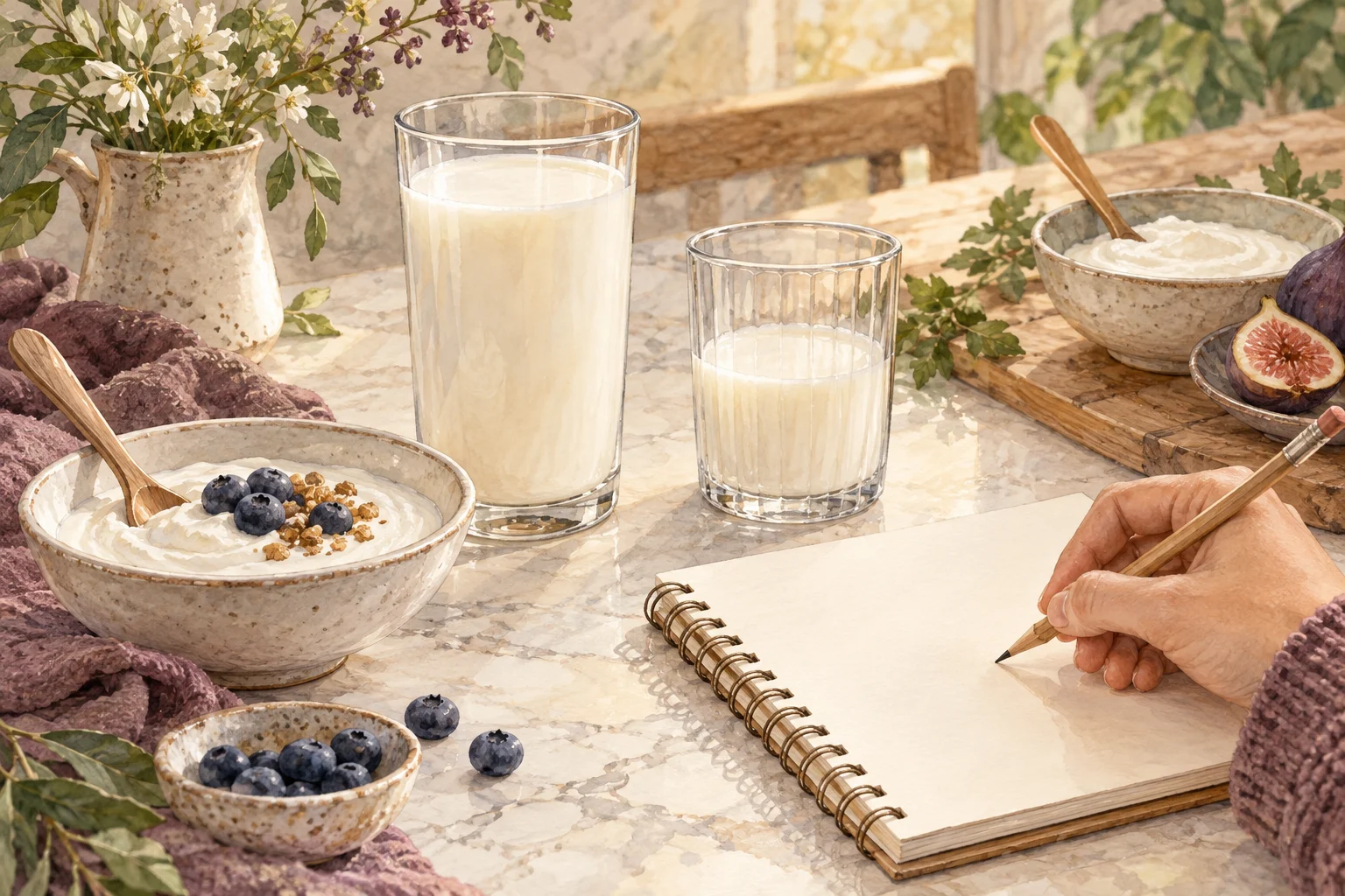 Ilustrasi porsi susu dan yoghurt dengan buku catatan untuk mencatat pola konsumsi.