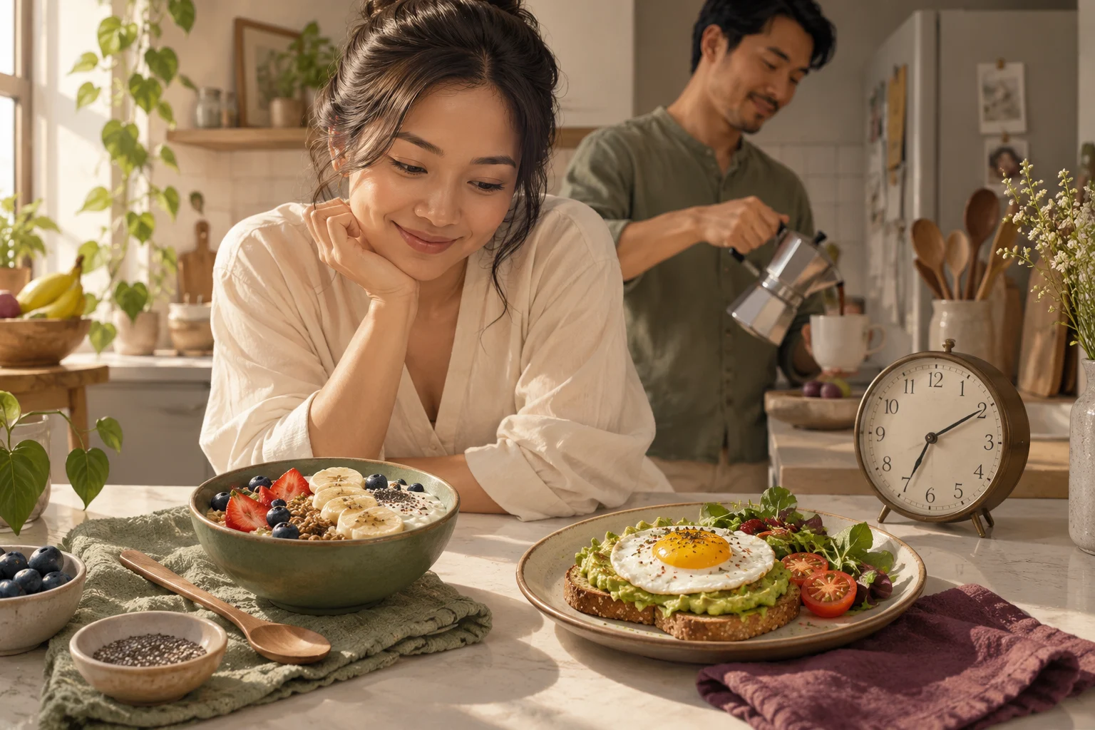 Ilustrasi dua pilihan sarapan di meja dapur