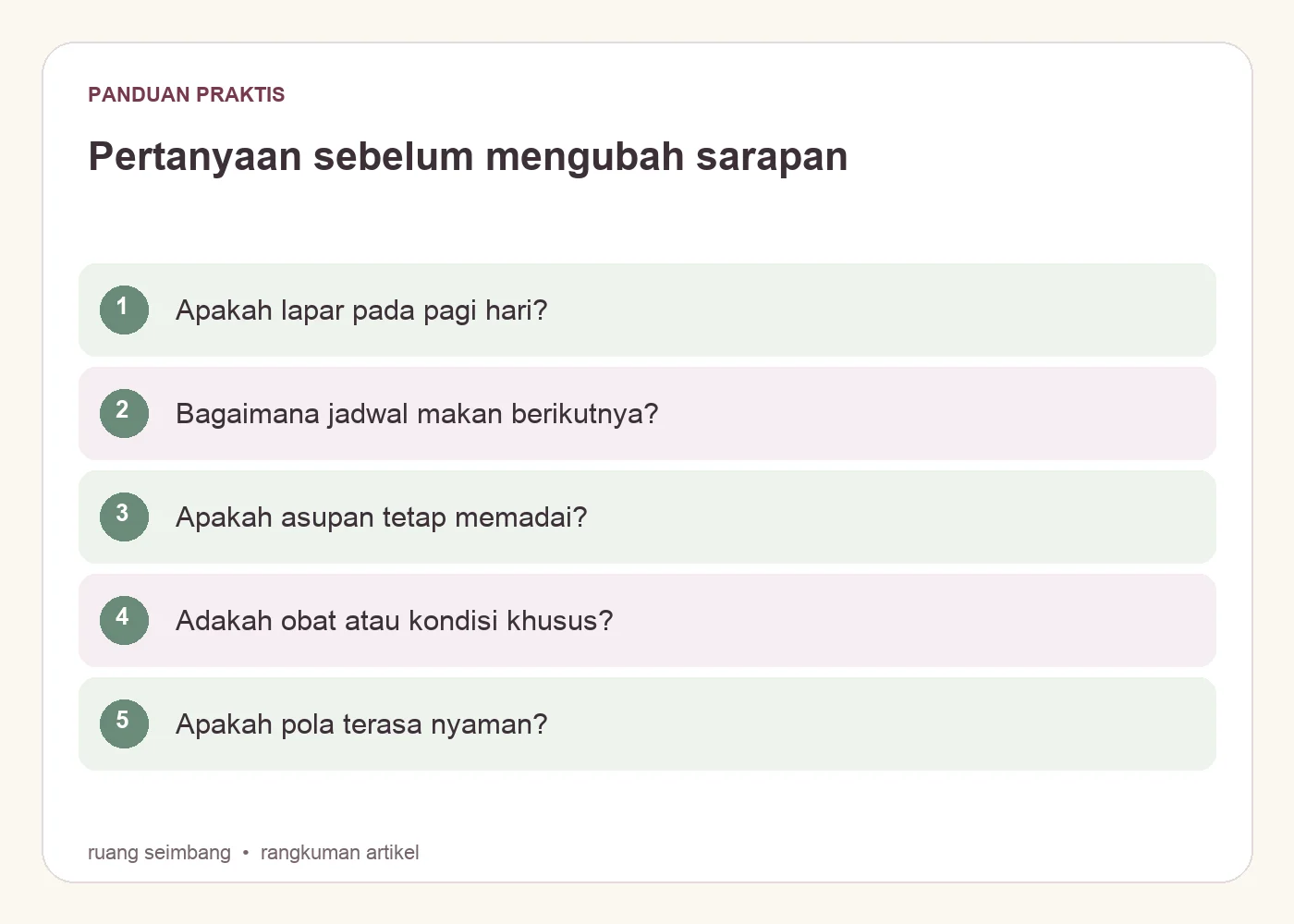Pertanyaan sebelum mengubah sarapan. Apakah lapar pada pagi hari?. Bagaimana jadwal makan berikutnya?. Apakah asupan tetap memadai?. Adakah obat atau kondisi khusus?. Apakah pola terasa nyaman?