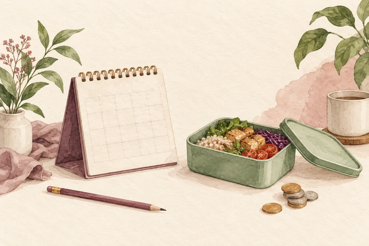 Ilustrasi budget makan hari kerja dengan nuansa krem, plum, dan sage